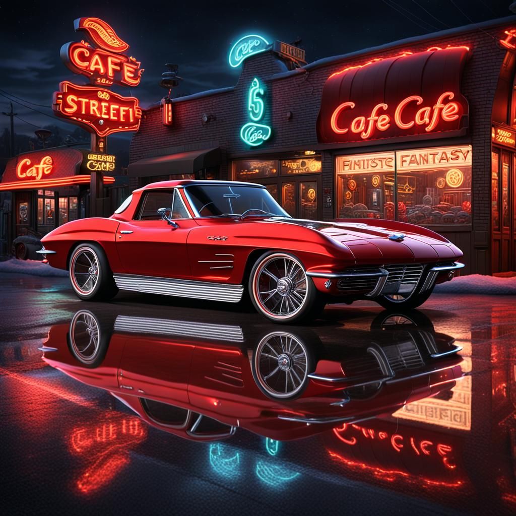 Red 1963 Corvette at Cafe: Hyper-Realistic Digital Art