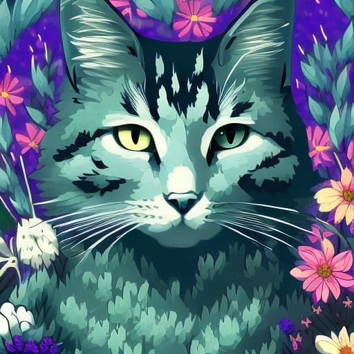 Cosmic Cat Portrait with Wildflowers in Anime Style