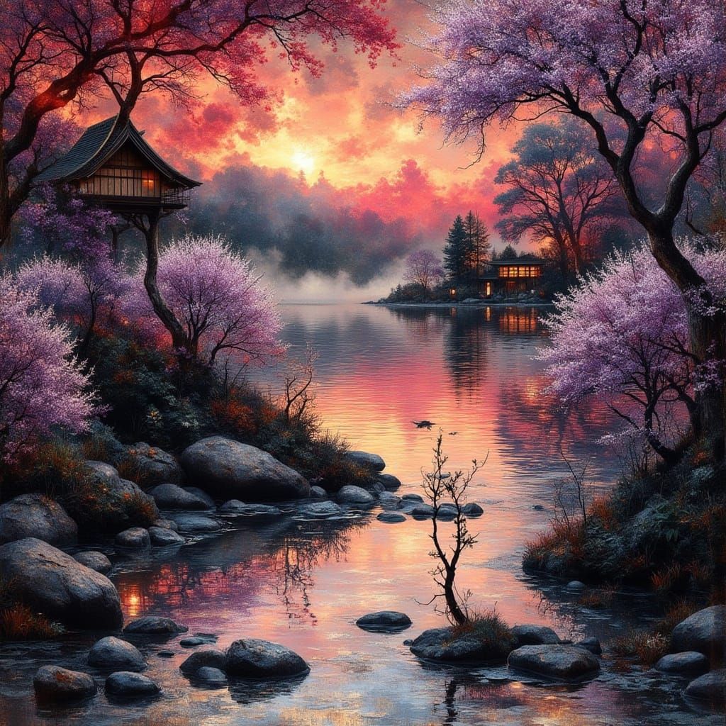 Impasto Painting of Serene Lake at Sunset