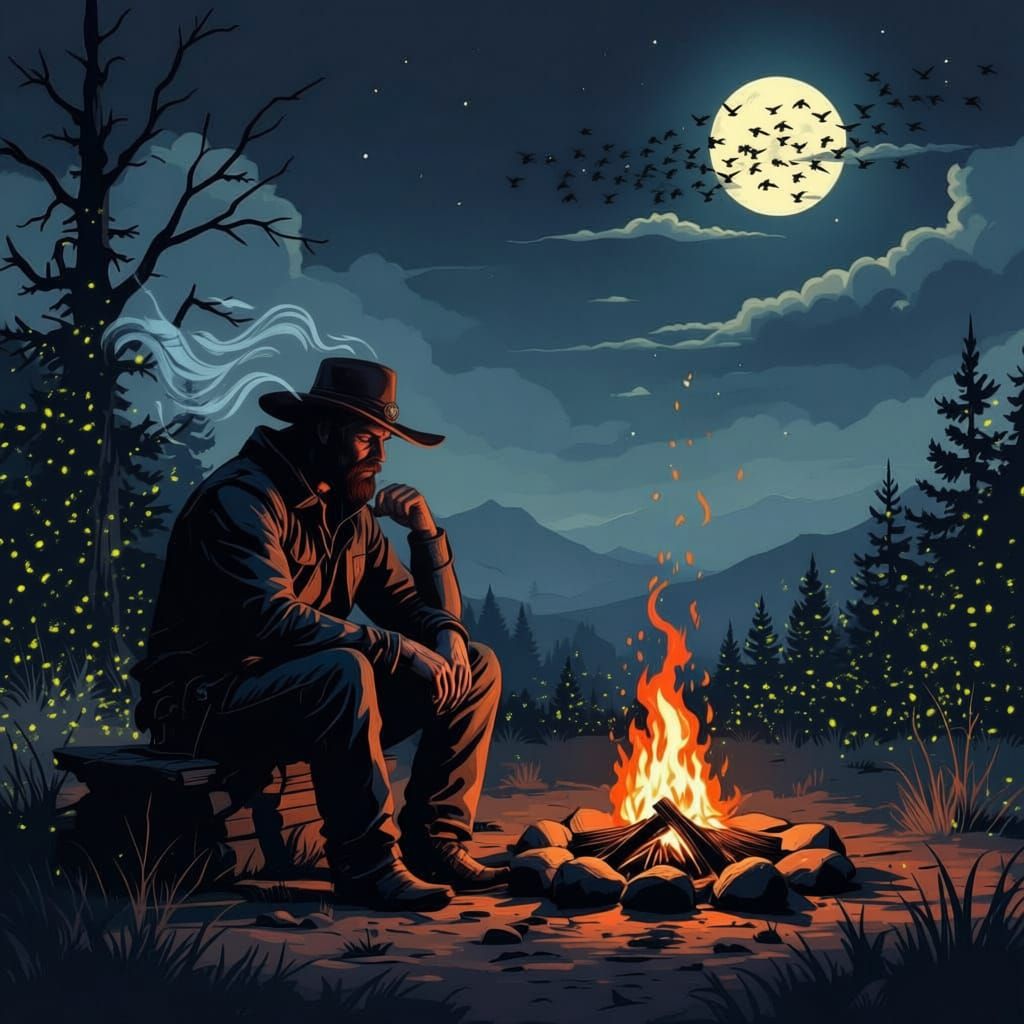 Cowboy Spirit Watches Birds Fly Across Moonlit Forest