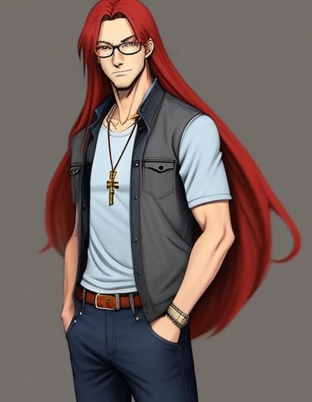 Anime Style Portrait: Red-Haired Man with Golden Cross