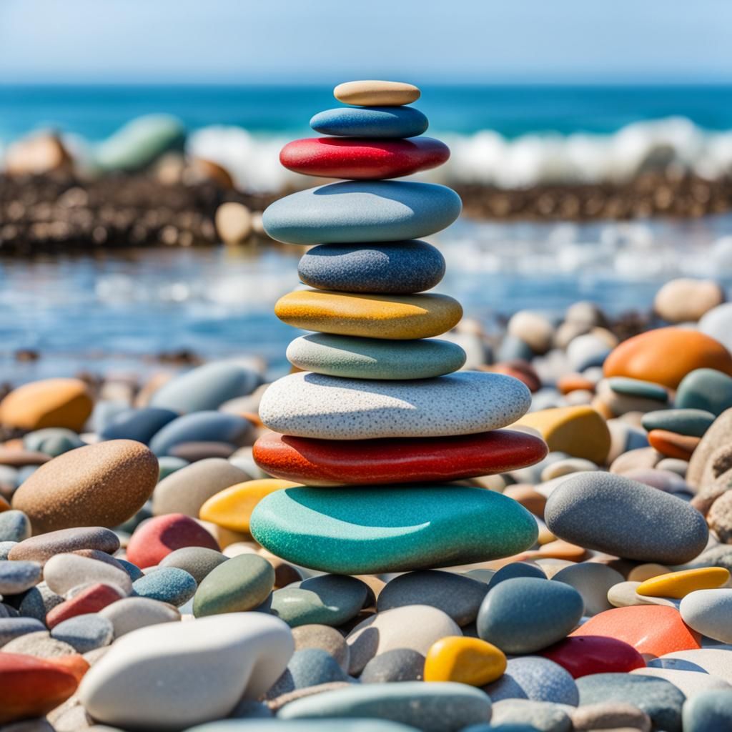 Balancing Colorful Pebbles on a Seaside Beach