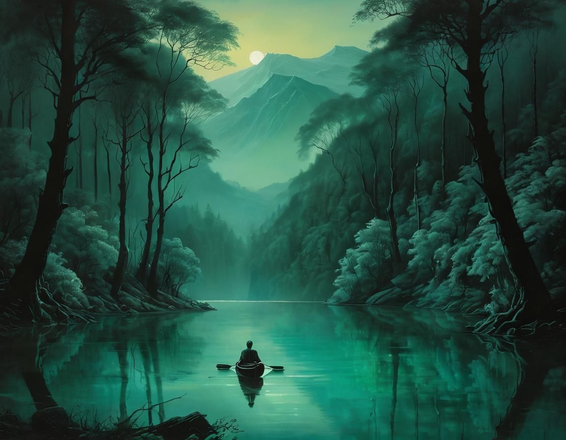 Turquoise Lake in Emerald Forest: Chinese Ink Painting