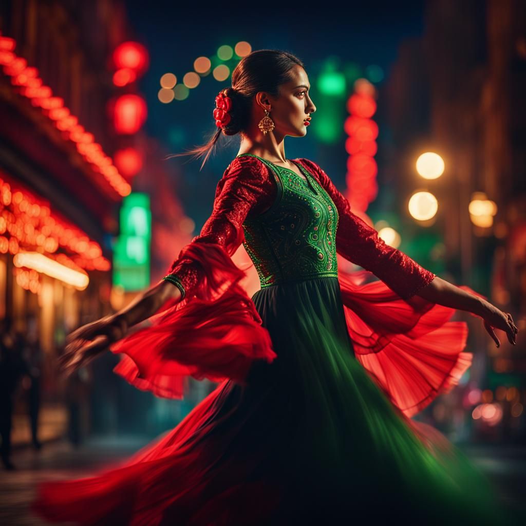 Dramatic Flamenco Dancer in Vibrant Night City