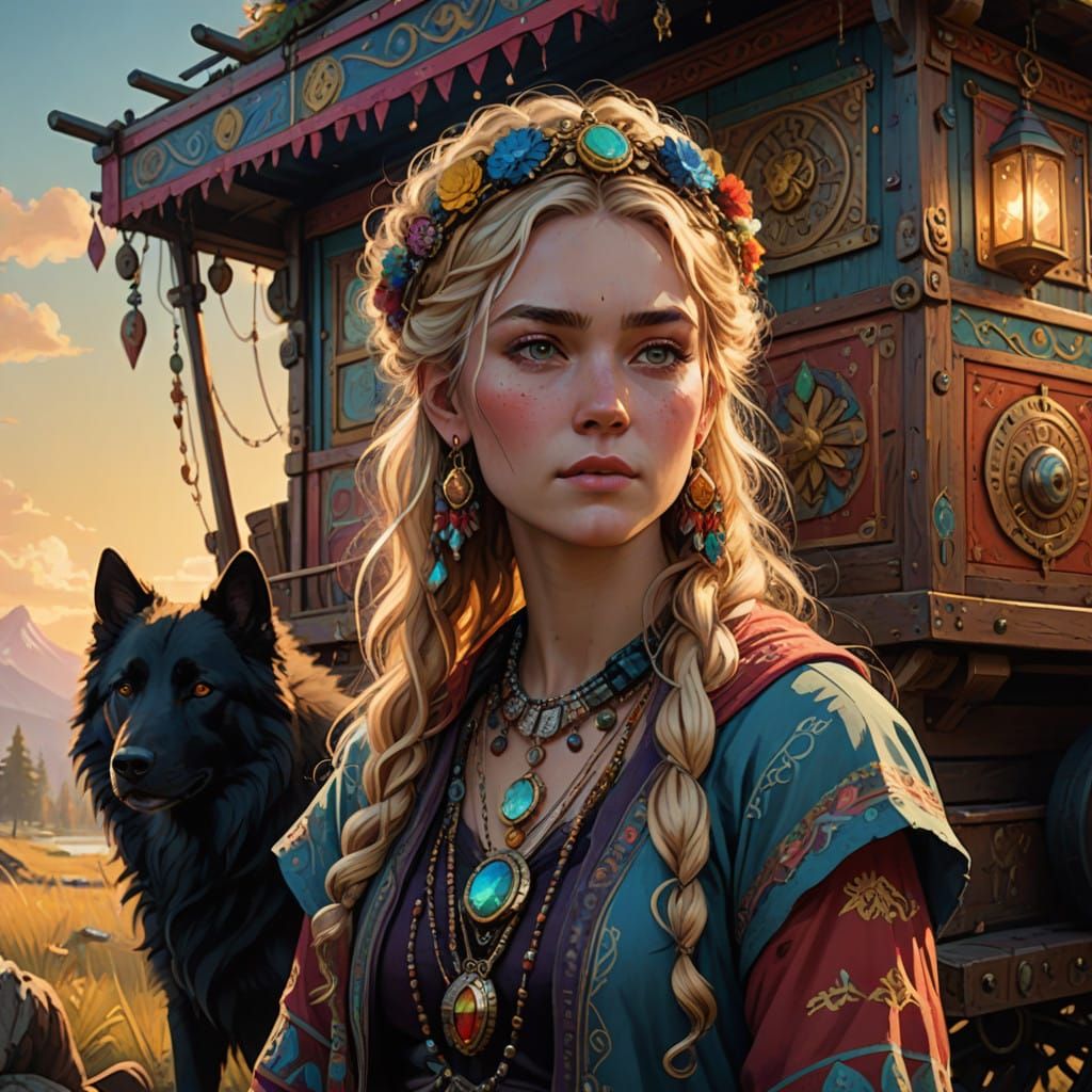 Vibrant Gypsy Goddess Amidst Golden Twilight