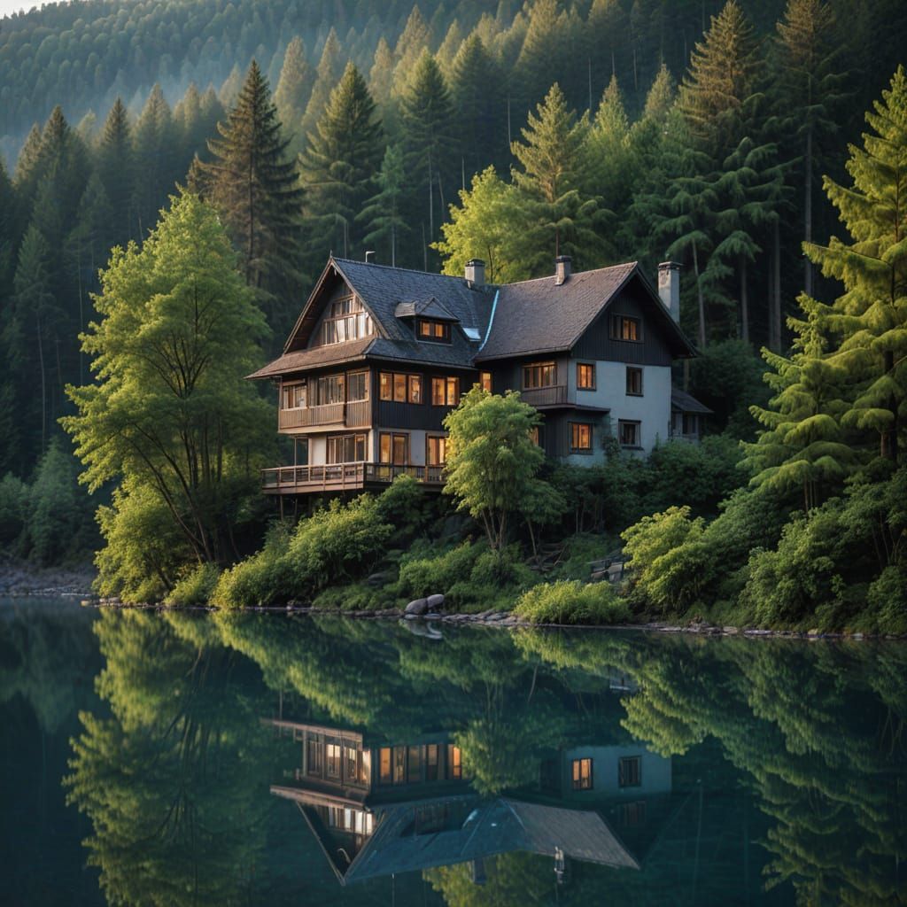Picturesque Lakeside House at Dawn: Professional Photography