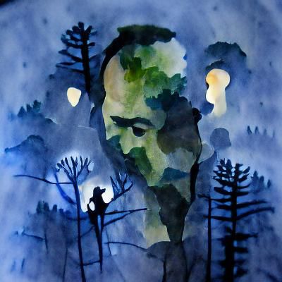 Creepy Silhouette in Misty Forest Watercolor