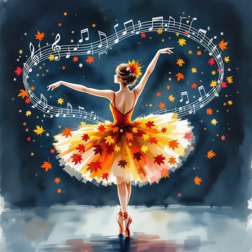 Autumn Dancer with Musical Notes, Watercolor Leaf Tutu