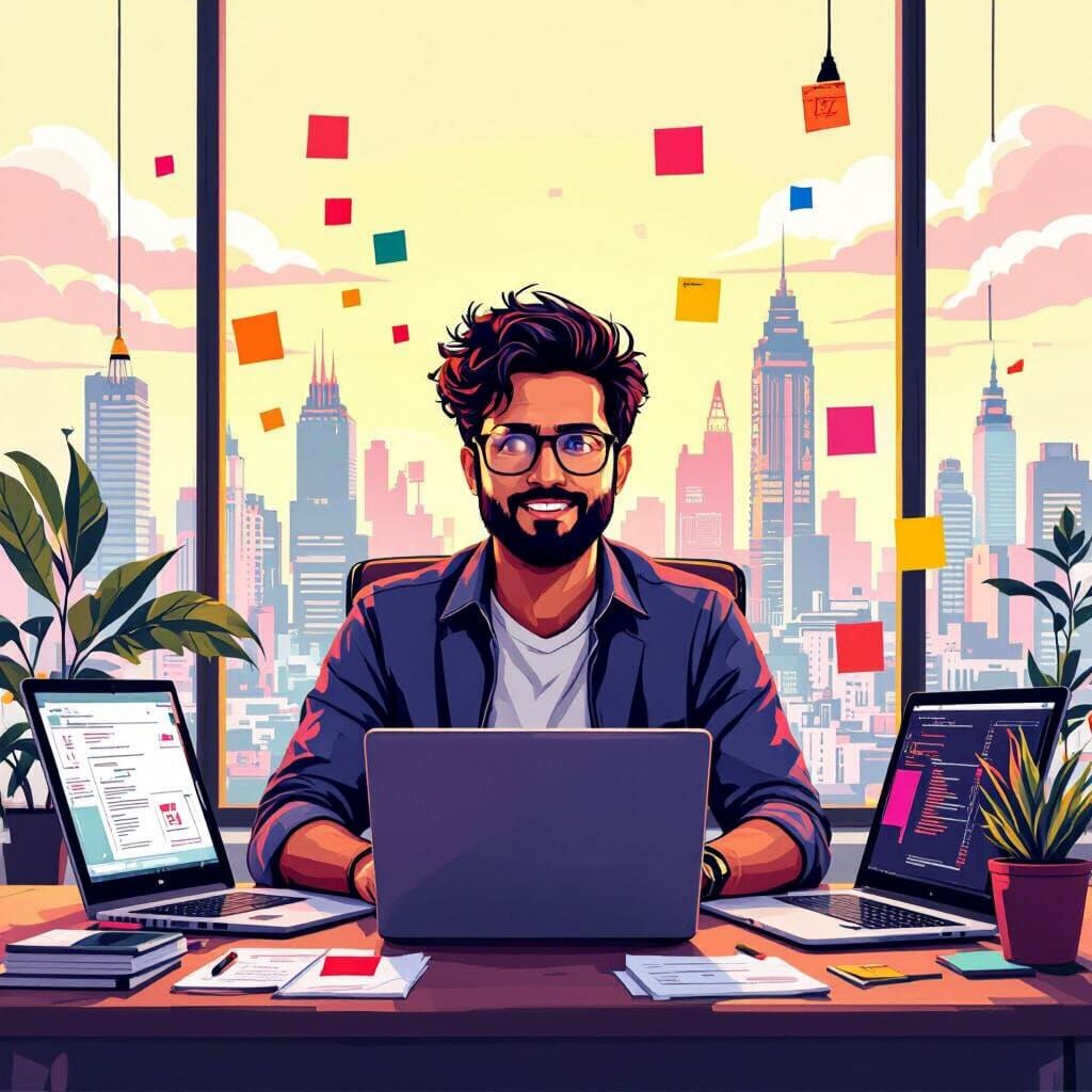 Startup Founder in Modern Office: Vibrant Illustration
