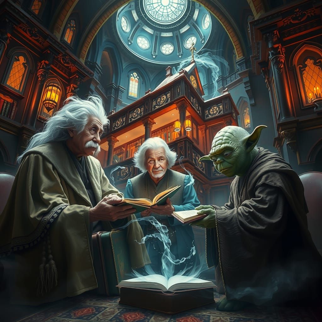 Gandalf, Einstein, and Yoda in Magical Library