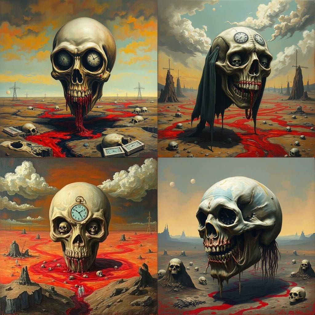 Grotesque Head in Desolate Wasteland: Surreal Oil Painting