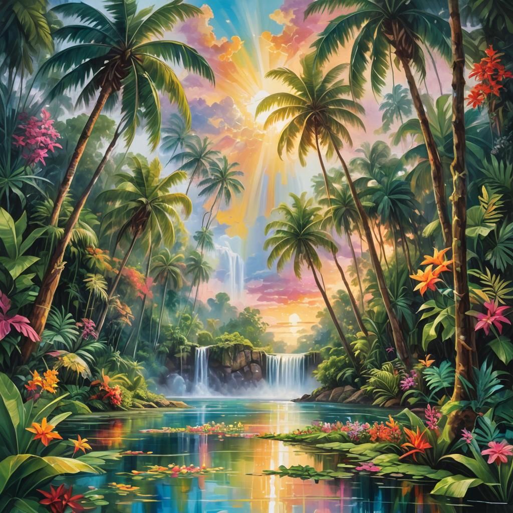 Lush Tropical Jungle Landscape in Impressionistic Style