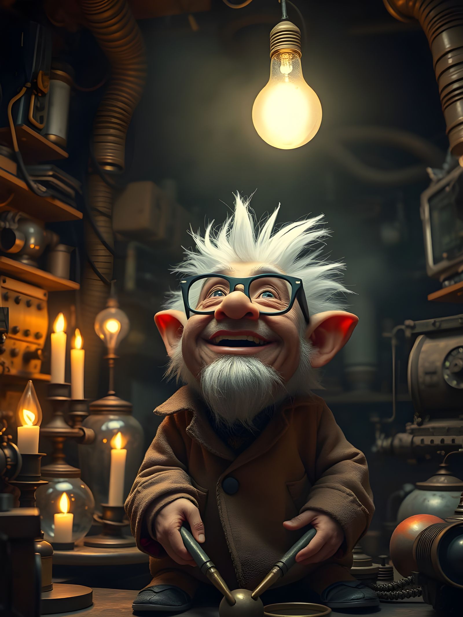 Mad Scientist in Eerie Laboratory with Eureka Moment