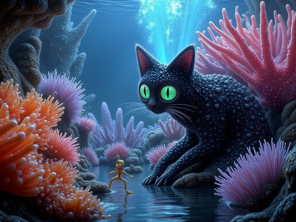 Ethereal Cat Explores Alien Coral Reef