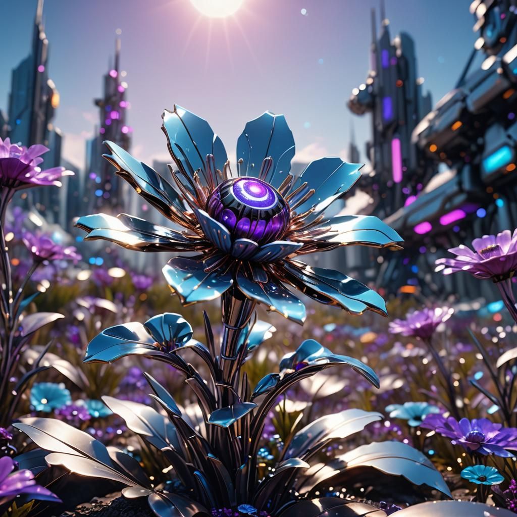 Metallic Robotic Flower Blooms in Sci-Fi Landscape