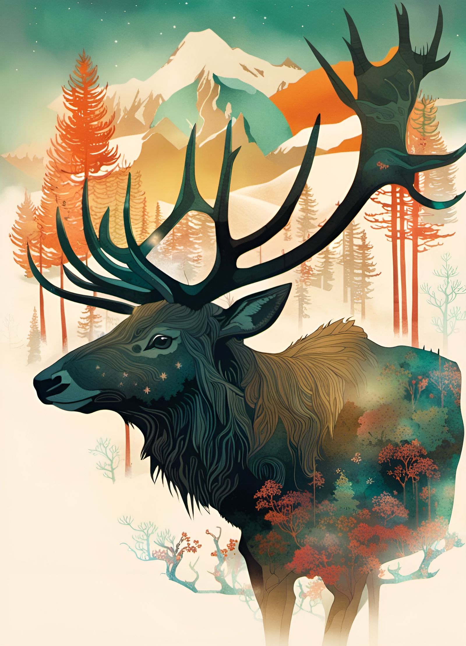 Majestic Elk in Wilderness: Double Exposure Silhouette Art