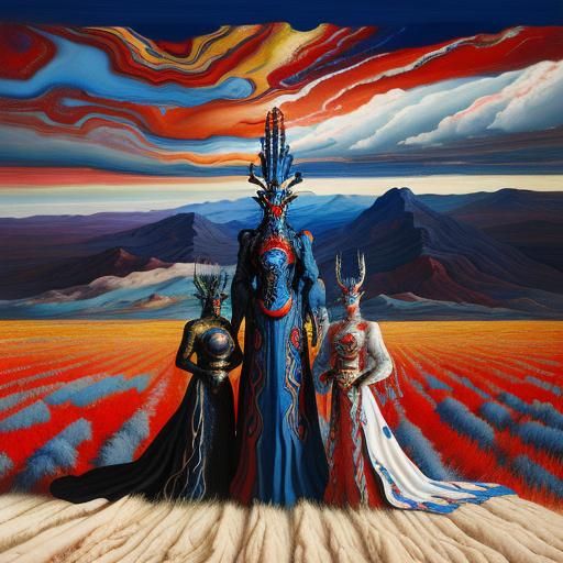 Cosmic Characters in Landscape, Oil Painting Style
