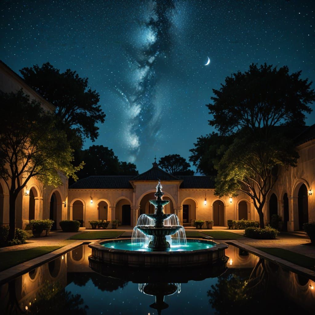 Glowing Fountain Under Moonlight Night Sky