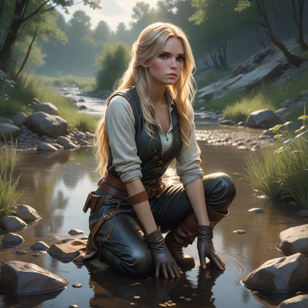 Blonde Woman Crouching by Creek: Hyperdetailed Portrait