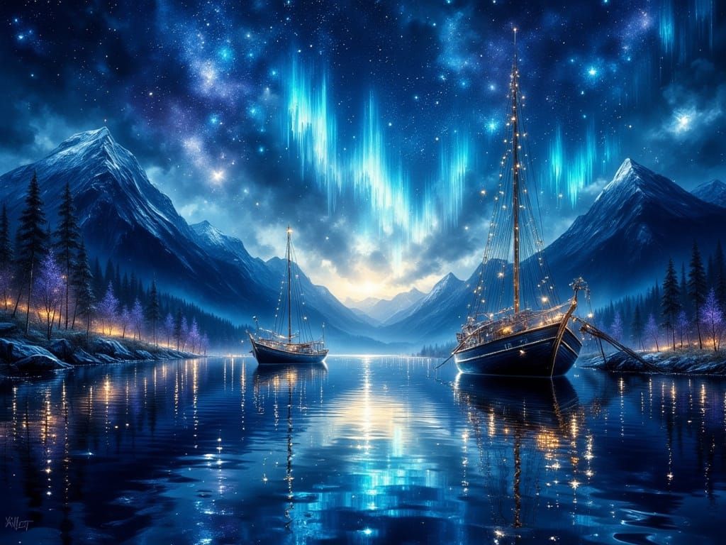 Night Harbor Scene with Cosmic Lights