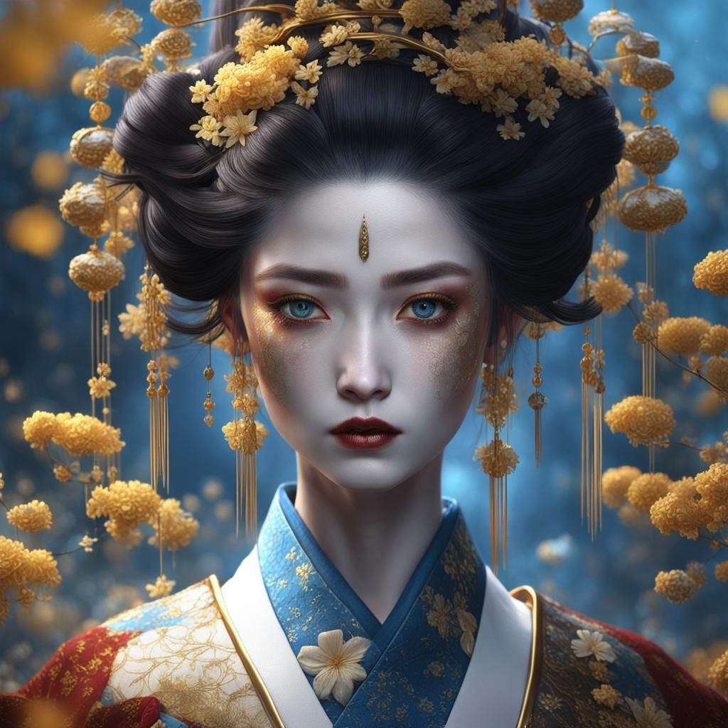 Geisha with Blue Eyes in Detailed Matte Painting