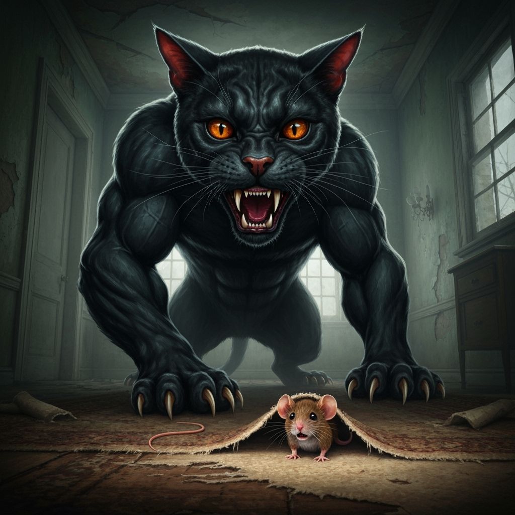 Menacing Cat Stalks Mouse in Dark Fantasy Style