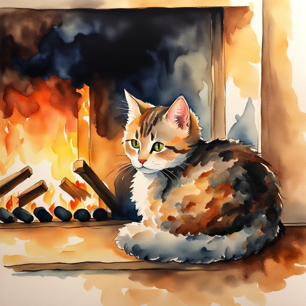 Watercolor Kitten Curled Up by Fireplace
