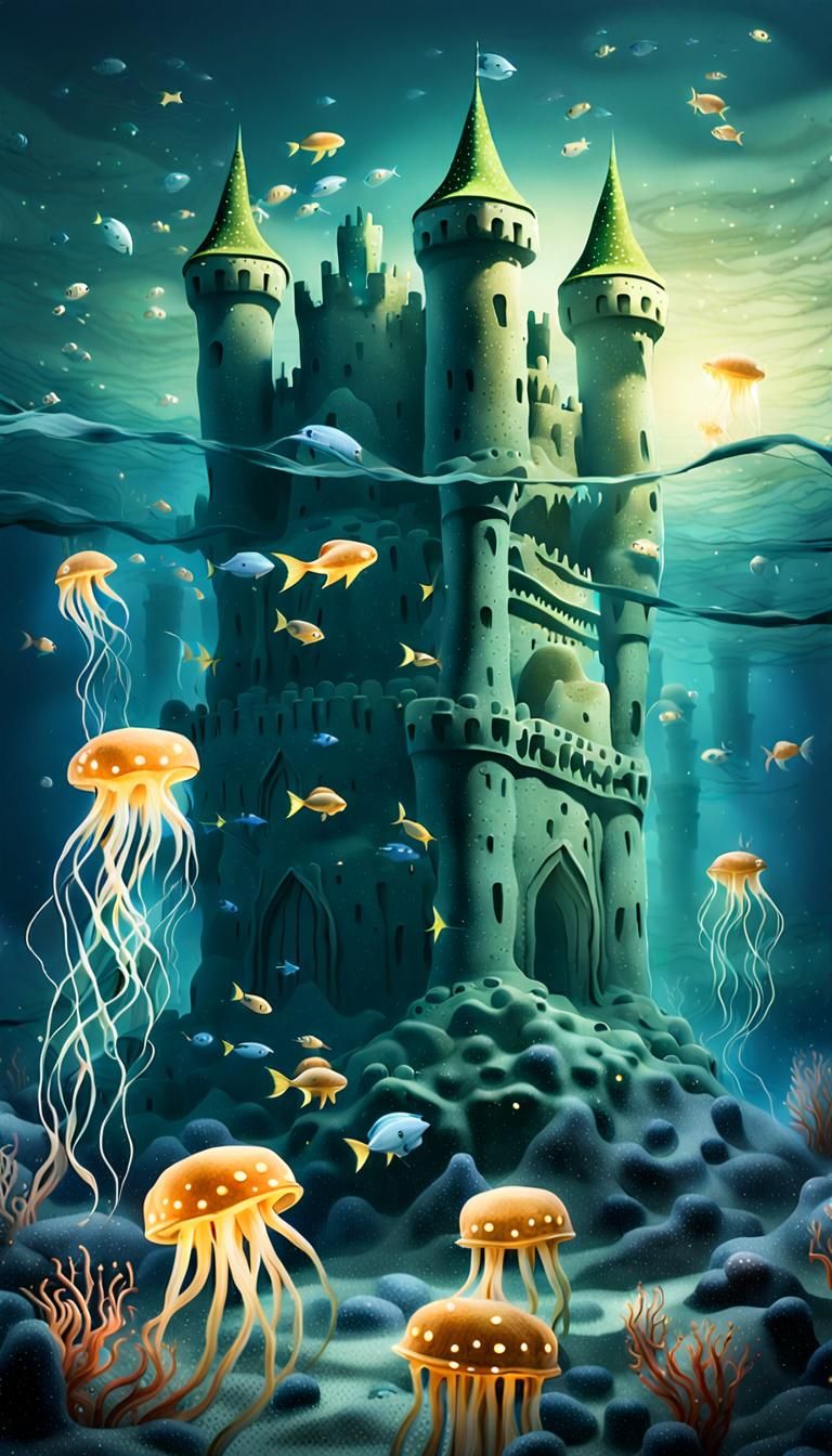 Imposing Sandcastle in Surreal Underwater Dreamscape
