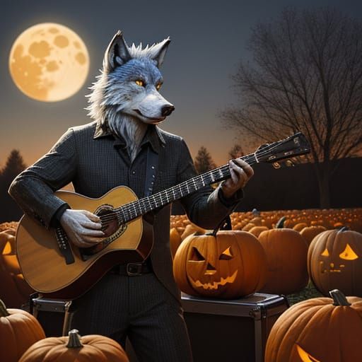 Wolf-Man Musician Performs Under Harvest Moon in Autumn