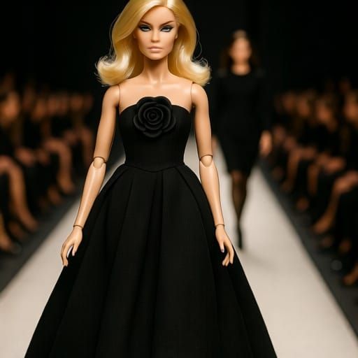 A blond fashion doll walking the catwalk in a strapless blac...