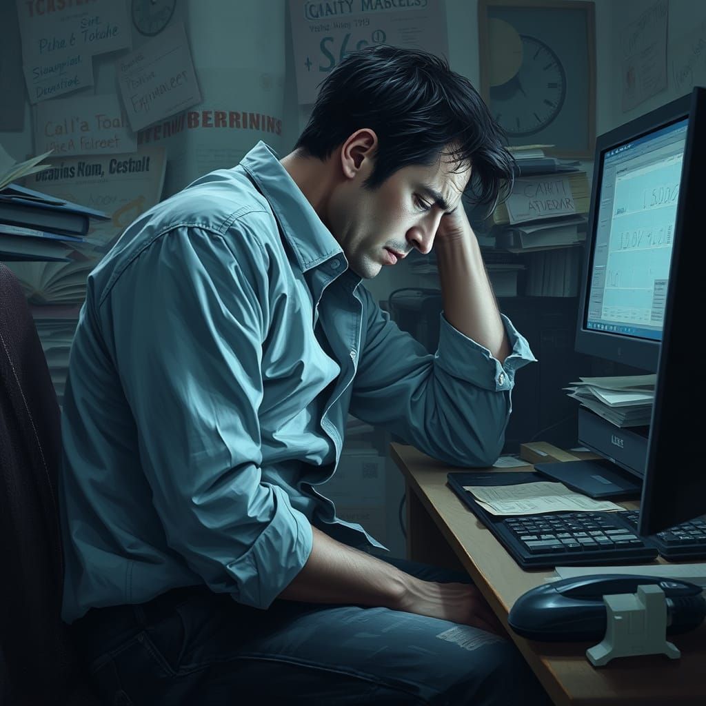 Depressed Digital Painting of a Man Overwhelmed at a Desk