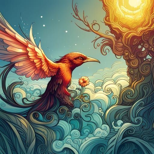 Luminous Phoenix with Golden Outlines