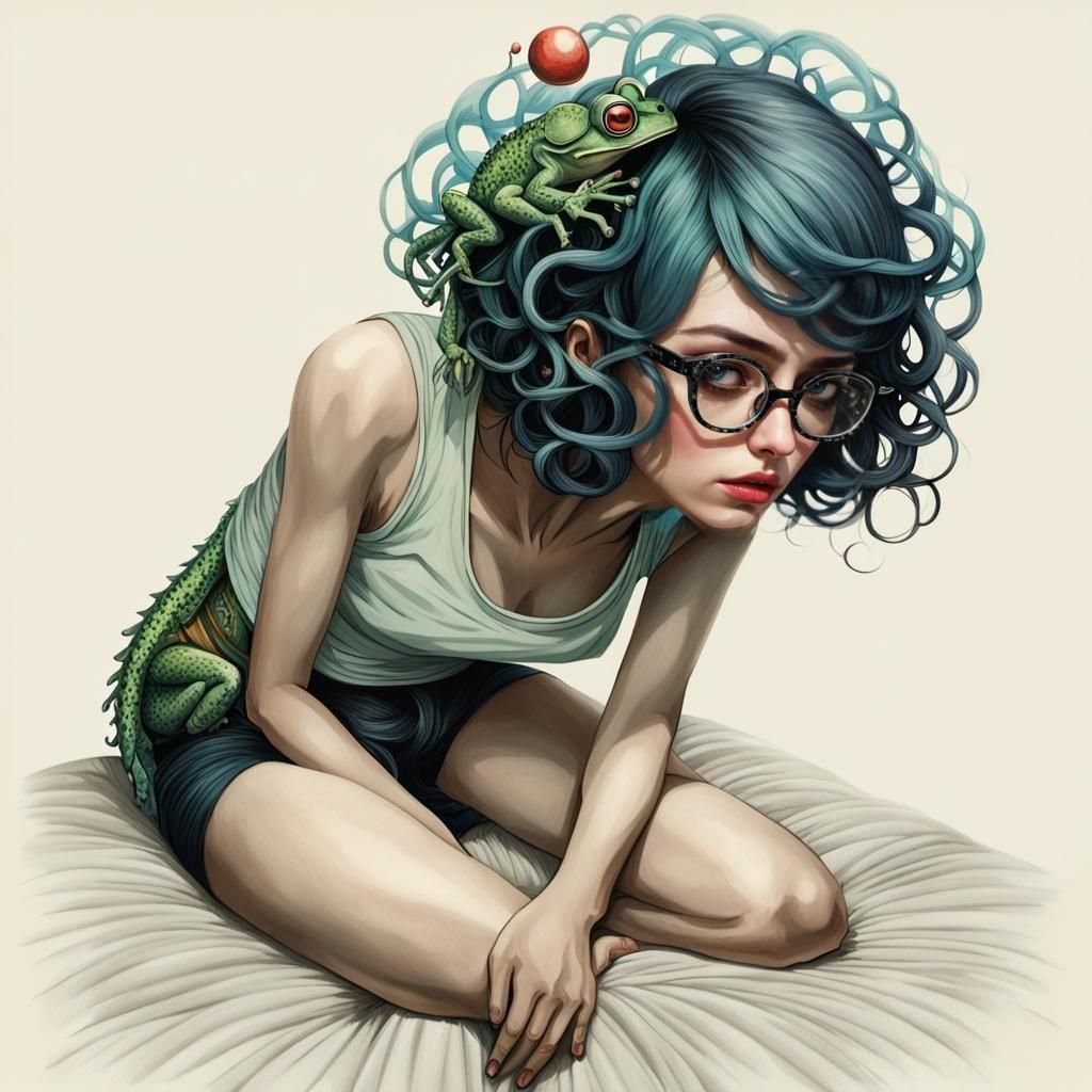 Sad Woman with Frog: Surreal Hyperdetailed Image
