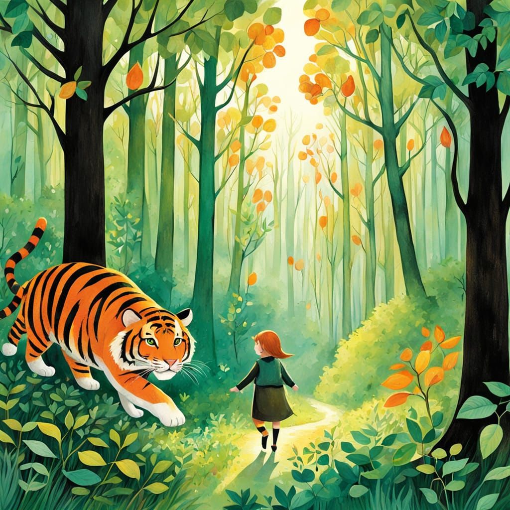 Whimsical Storybook Tiger Runs Through Emerald Forest