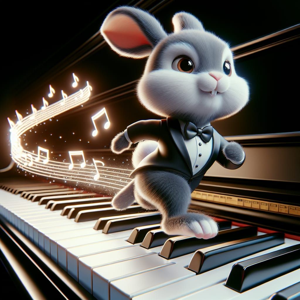 Cartoon Bunny in Tuxedo Leaping Across Piano