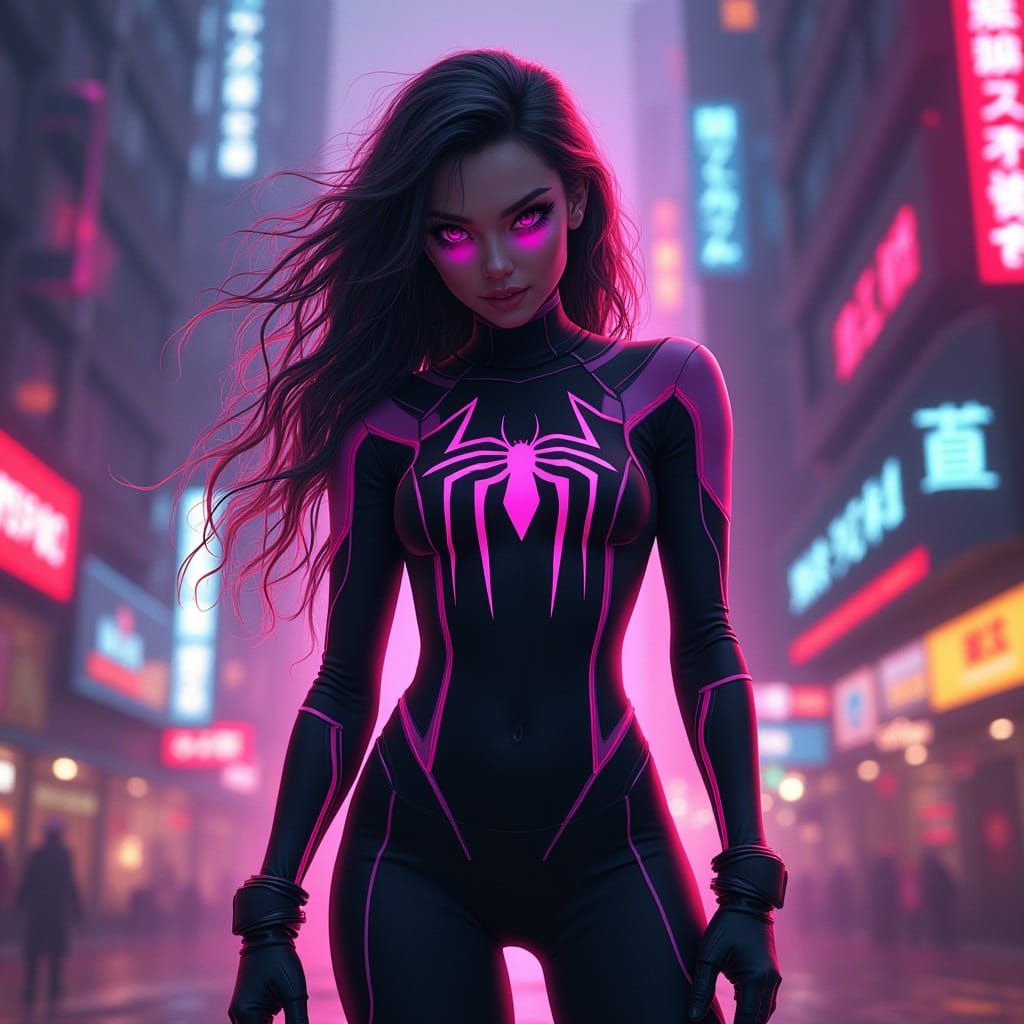 Teenage Spider-Woman in Synthwave Neon Cityscape