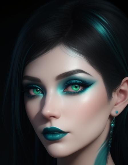 Ethereal gothic young lady with black hair with dark teal green hair highlights and bluish green eyes with cobalt blue e...