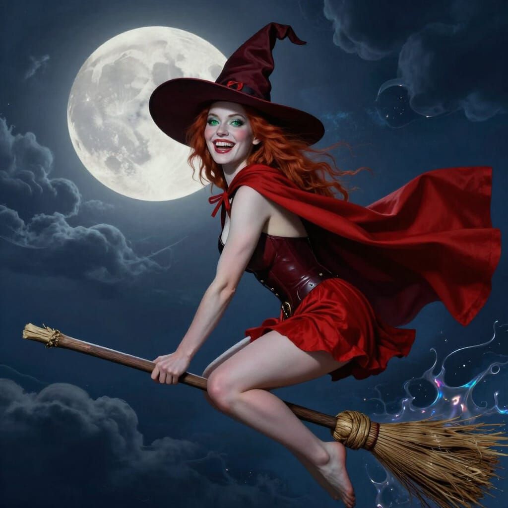 Redhead Supermodel Rides Broomstick Under Full Moon