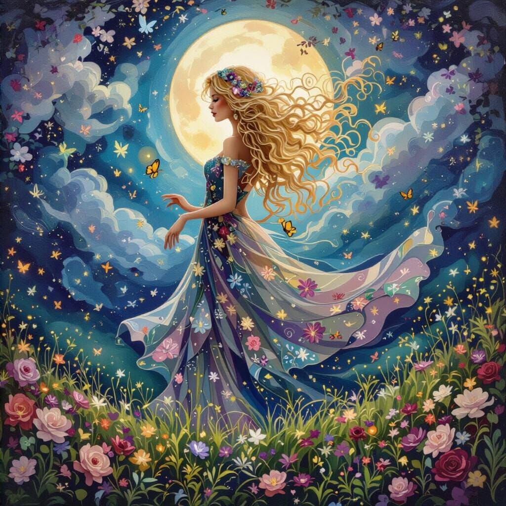 Ballroom Gown Woman Dancing in Moonlight Garden