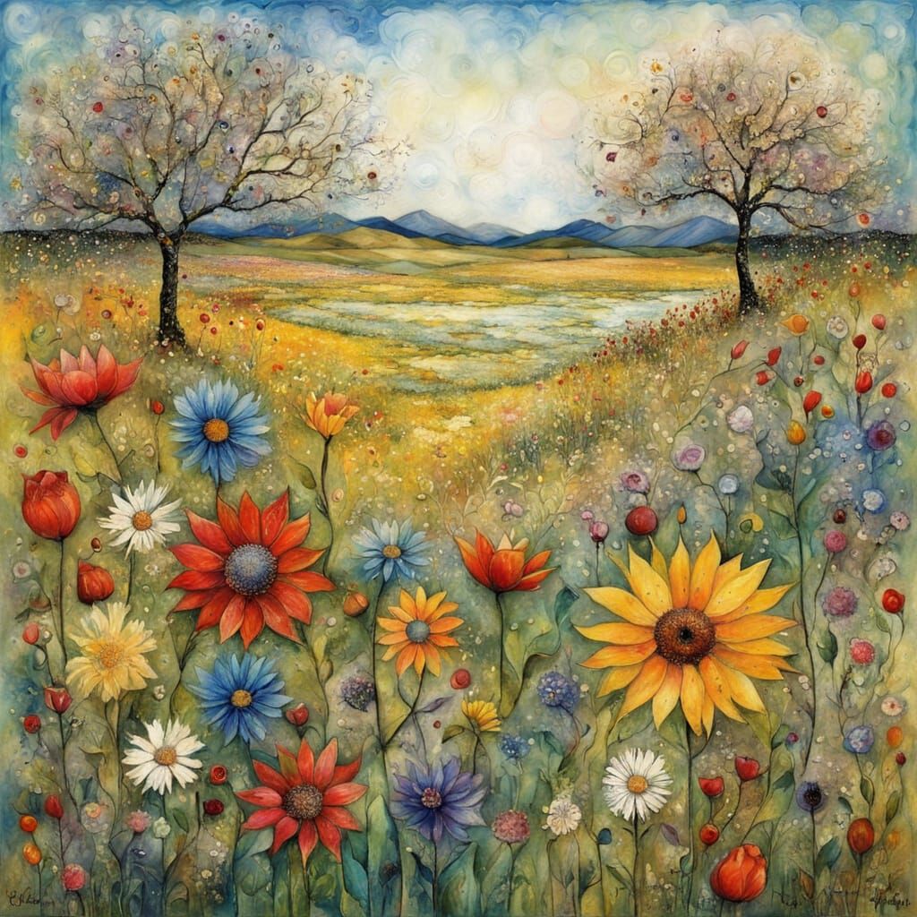 Seasonal Flower Dance in Textured Naive Encaustic Style