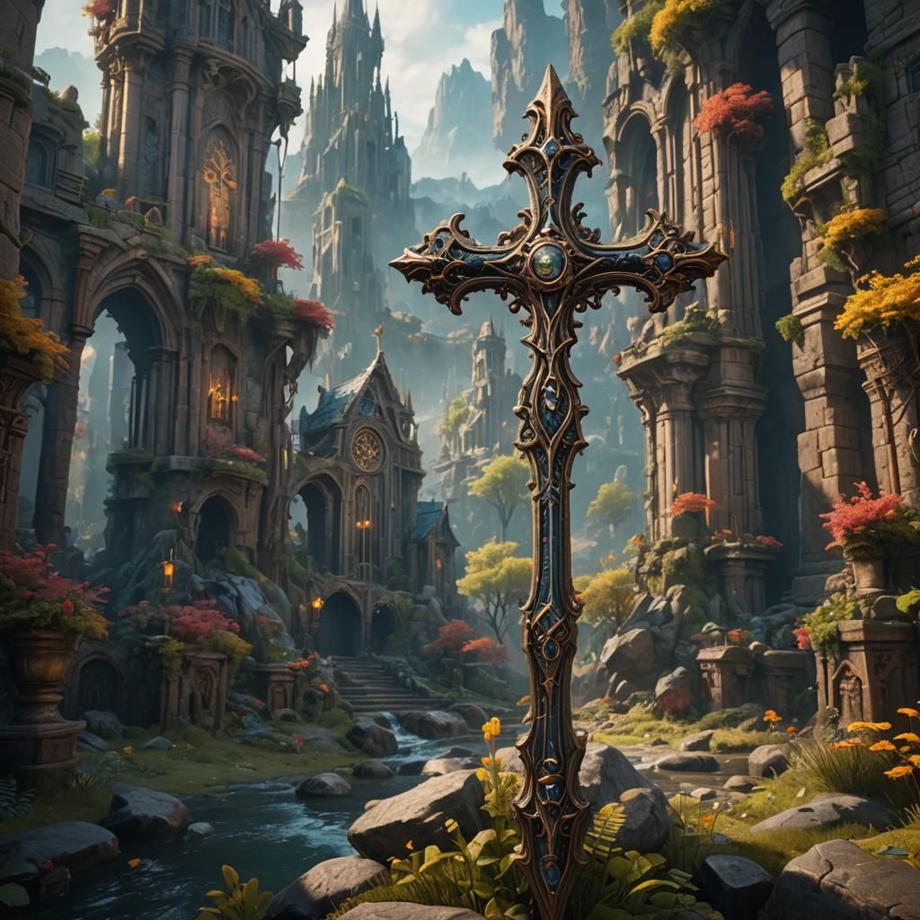 Fantastical Cross Staff in Detailed Matte Painting