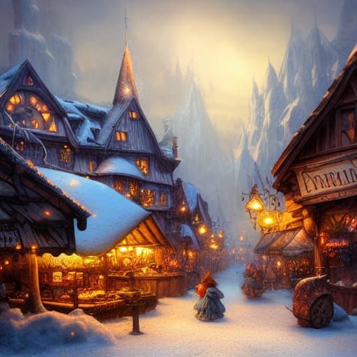Enchanting Winter Fairy Village in Detailed Matte Painting