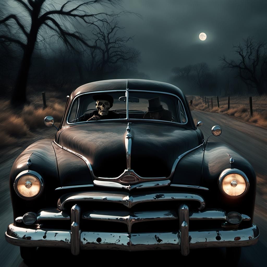 Skeletal Cowboy Drives Coupe on Desolate Road