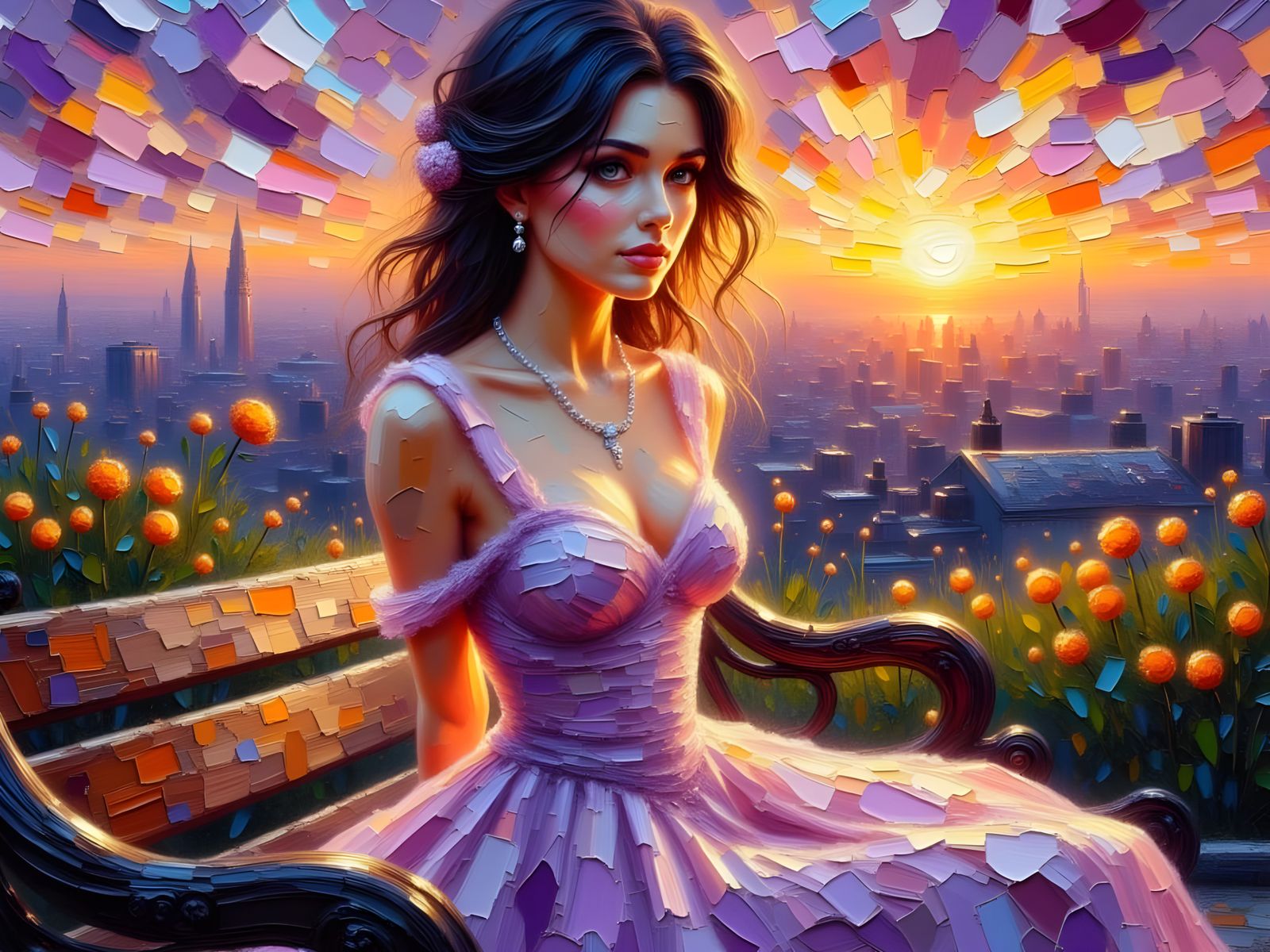 Surreal Victorian Woman in Lavender Silk on Parisian Park Be...