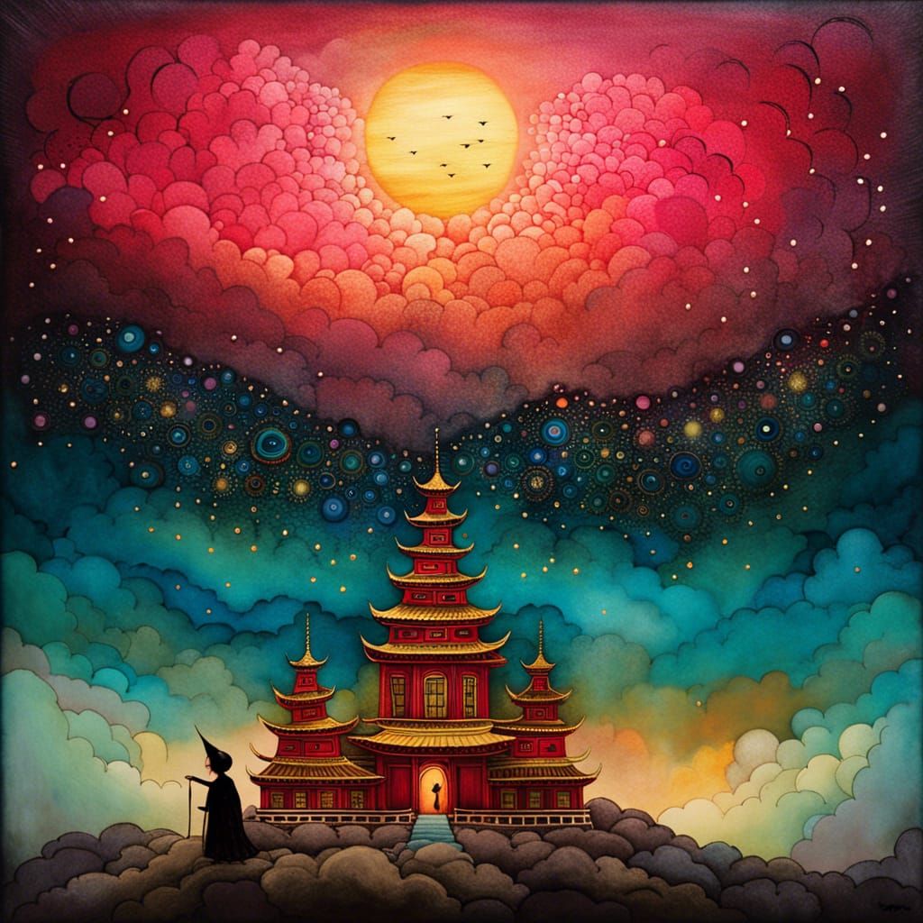 Temple of Light with Geisha in Mixed Media Style