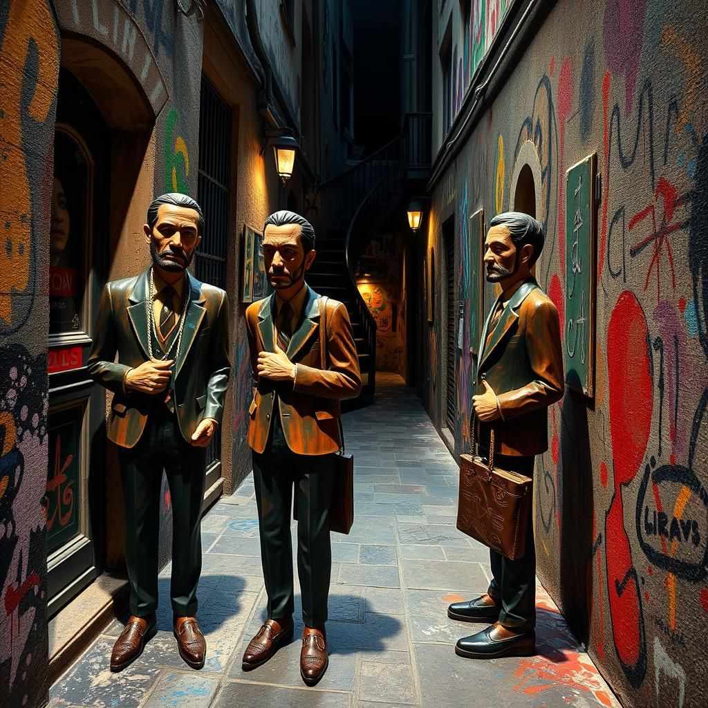 Wooden Commuter Statues in Expressionist Street Art Style