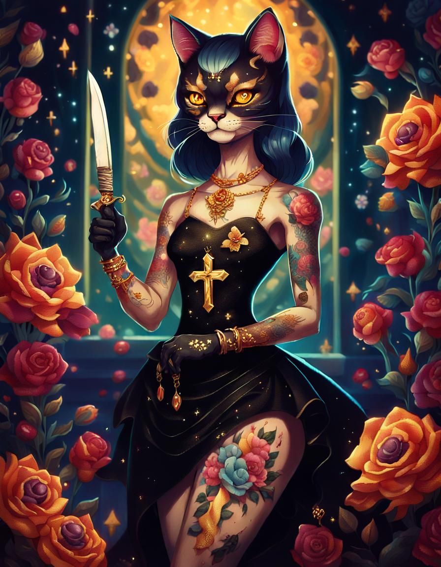 Muscular Cat-Girl with Knife in Cosmic Setting
