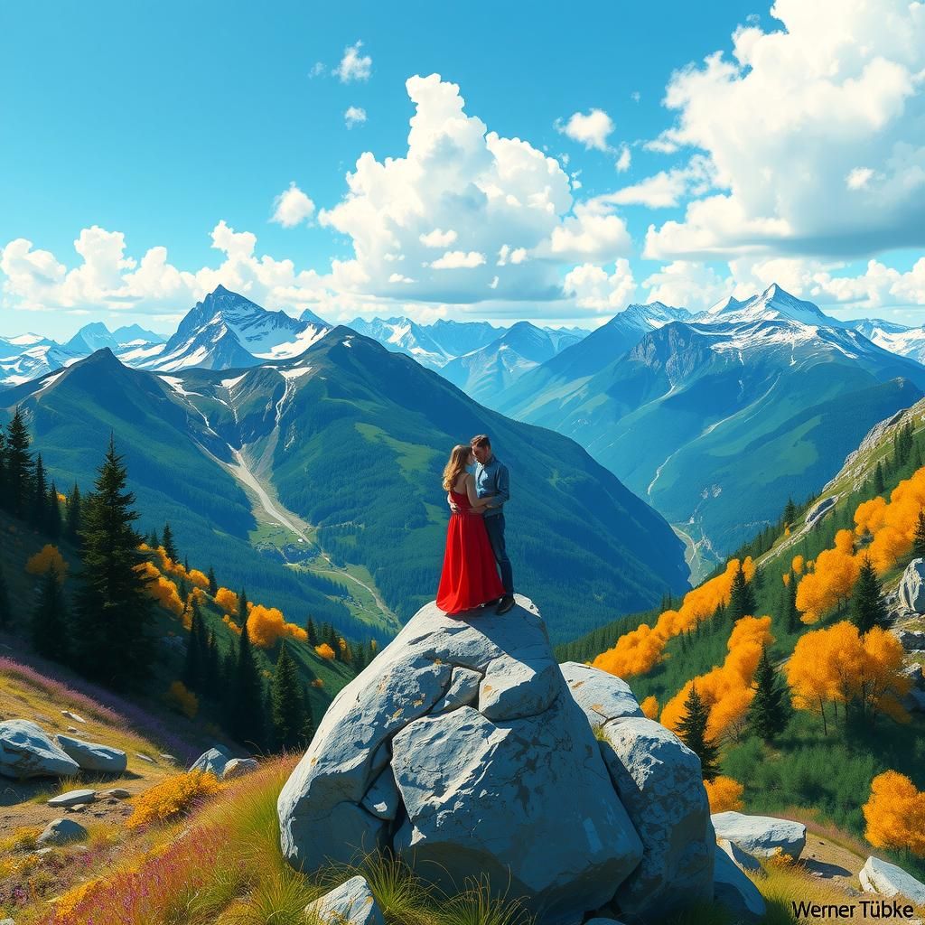 Couple in Mountain Landscape, Airbrush Painting