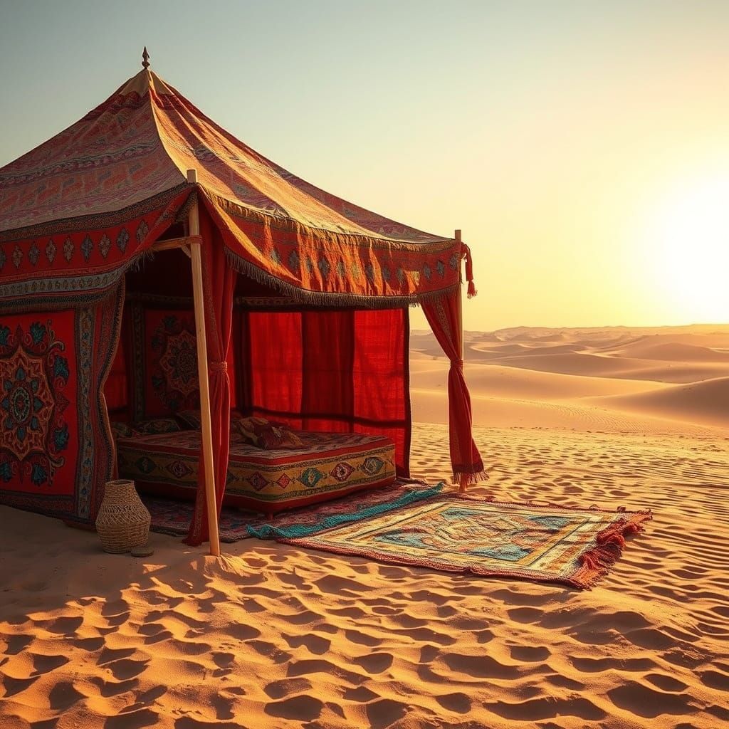 Vibrant Bedouin Tent Amidst Desert Sand Dunes in Traditional...