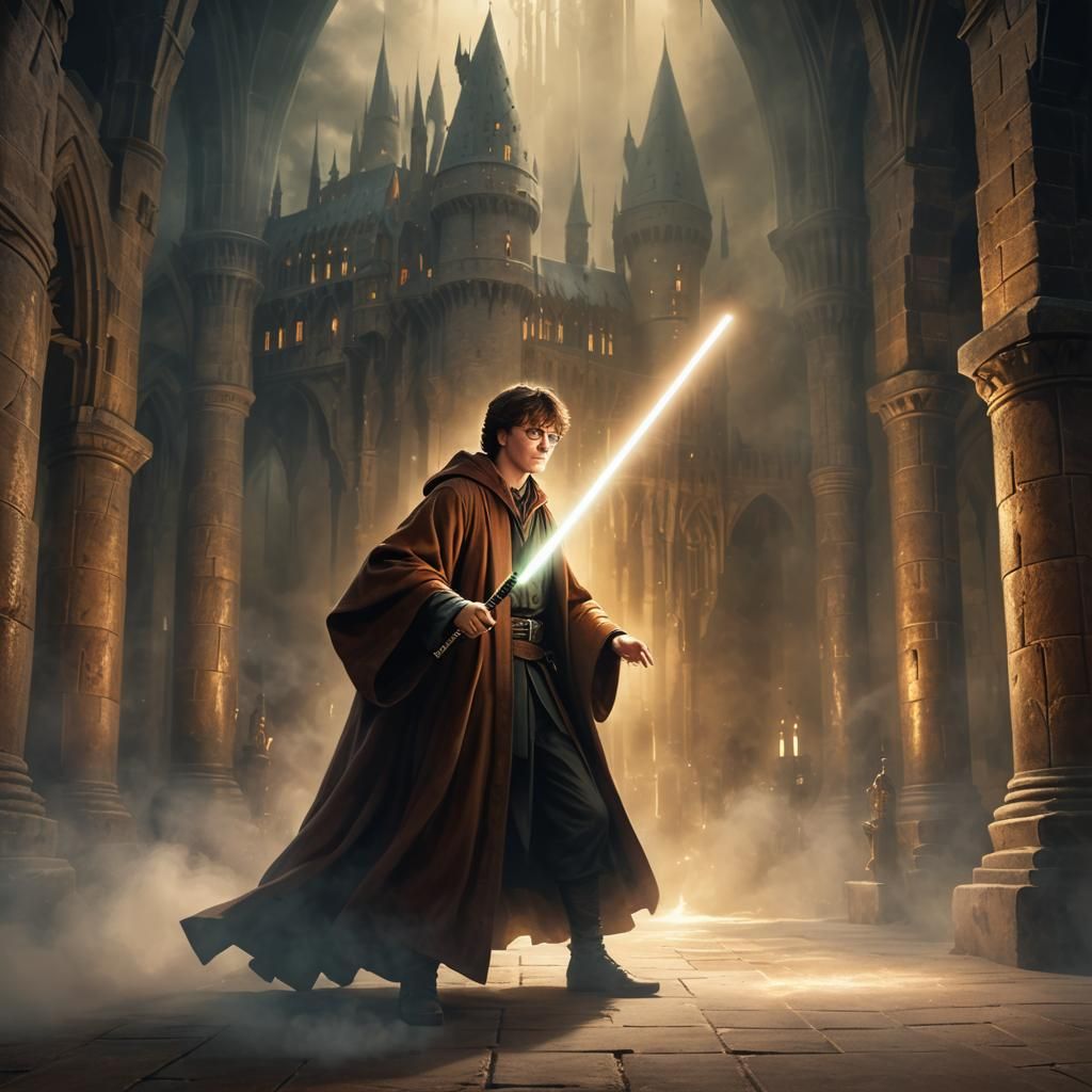 Harry Potter as Jedi Knight in Hogwarts Castle